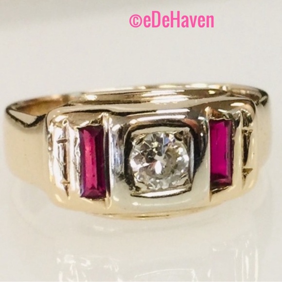 14k Art Deco Diamond and Rubies ring